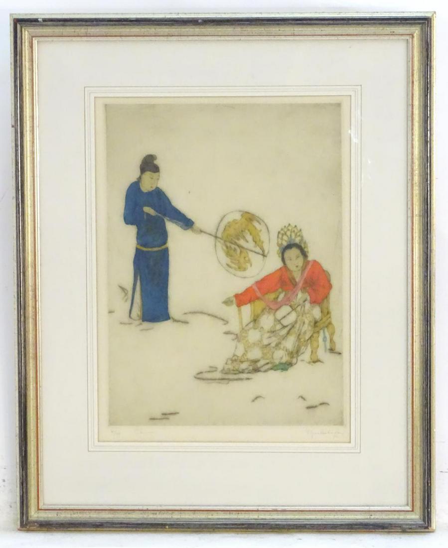 After Elyse Ashe Lord (1900-1971), Limited edition: After Elyse Ashe Lord (1900-1971), Limited edition coloured etching, no. 41/75, Lady of Rank, Depicting two Chinese figures, a male attendant fanning a woman seated in a throne. Signed and numbered in