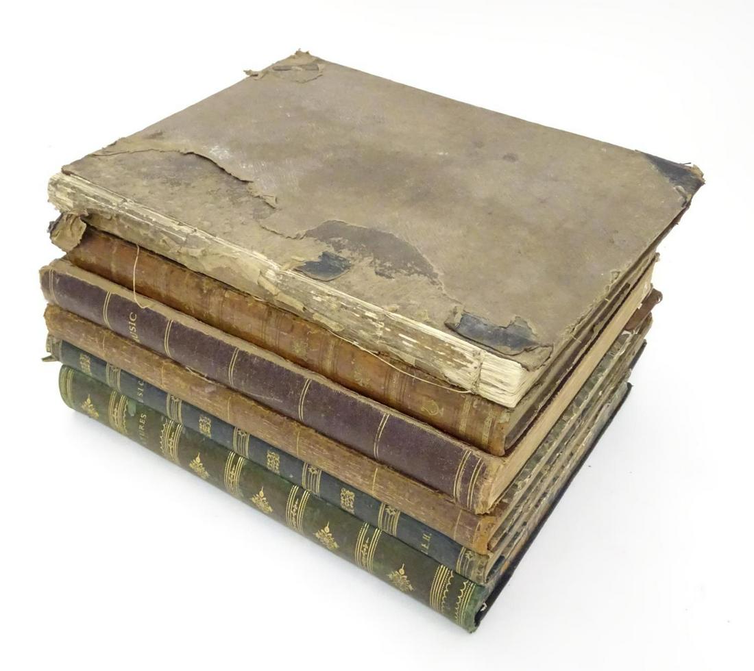 A large quantity of bound 19thC sheet music in six: A large quantity of bound 19thC sheet music in six volumes, arranged for piano, including popular music standards and classical music, most scores preceded by title pages (some illustrated) with lyric