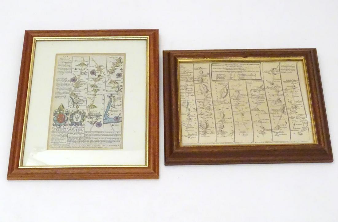 Maps: Two maps of Devon, comprising an 18thC hand: Maps: Two maps of Devon, comprising an 18thC hand coloured road strip map, published in John Owen & Emanuel Bowen's Britannia Depicta or Ogilby Improv'd; and a road strip map depicting the continuatio