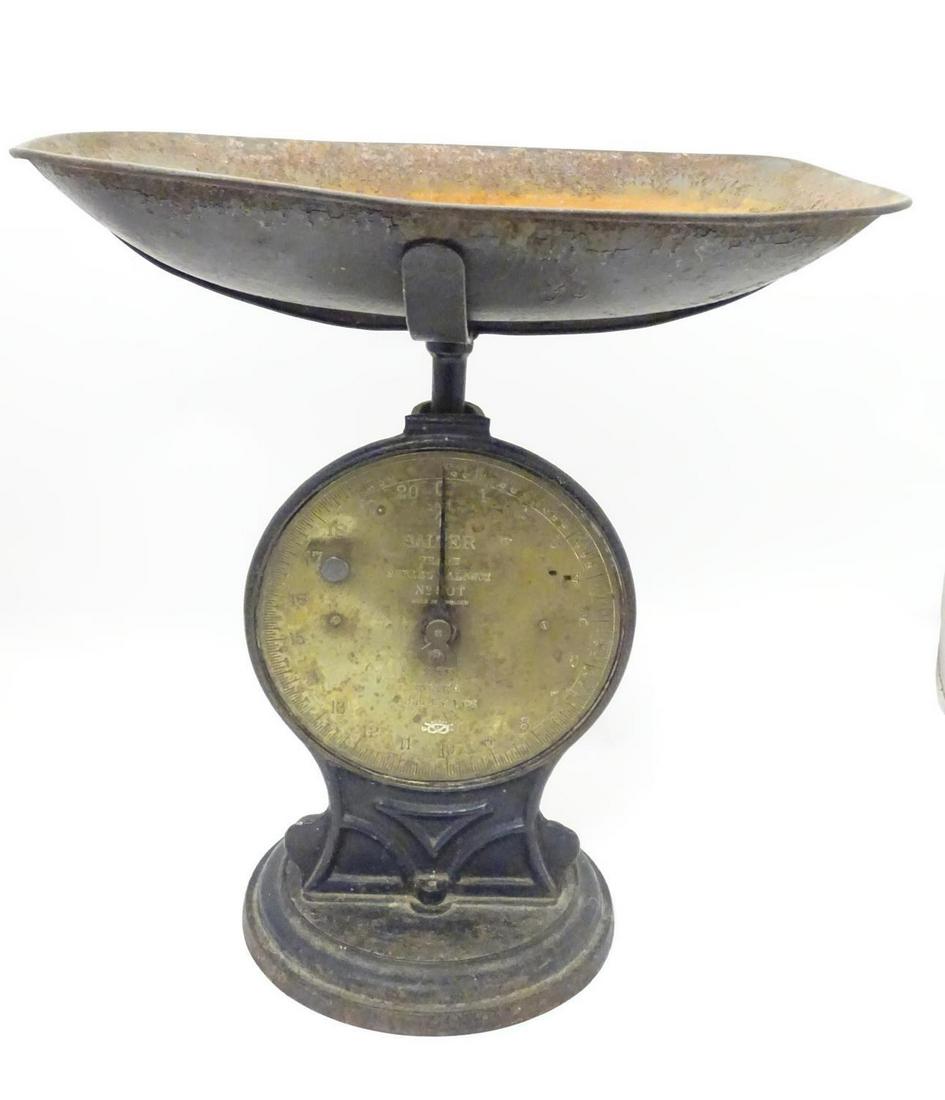 A set of Salter cast iron spring balance scales No 50T: A set of Salter cast iron spring balance scales No 50T numbered 22805 and marked with military broad arrow mark and 1941 . 17" high overall