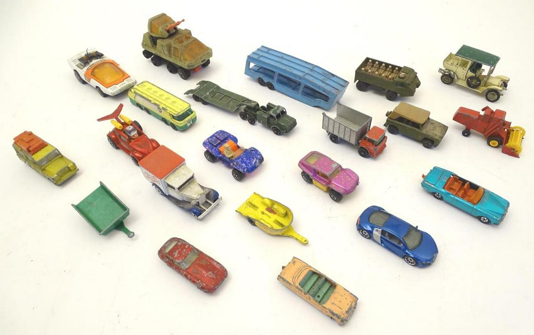 Toys: A quantity of assorted die cast scale model cars: Toys: A quantity of assorted die cast scale model cars / vehicles comprising Lesney: Ford Zodiac Convertible, no. 50; E Type Jaguar, no. 32; Sankey 50 Ton Tank Transporter, Major pack no. 5; BP Autota