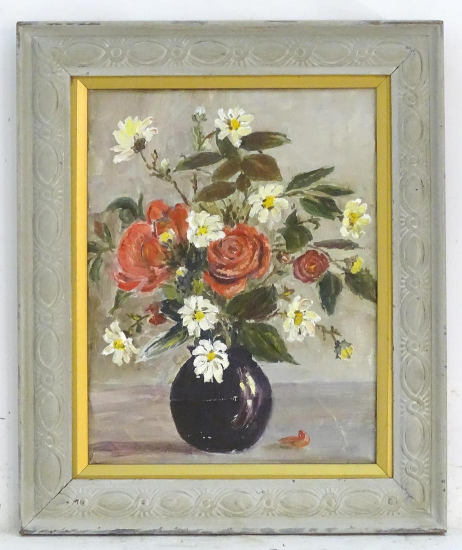 Manner of Marcel Dyf (1899-1985), Oil on canvas, A: Manner of Marcel Dyf (1899-1985), Oil on canvas, A still life study of flowers, red roses and dog roses, in a vase. Ascribed to canvas verso: Marcel Dyf French 20thC, (Dyf indistinct). Approx. 13 1/2"