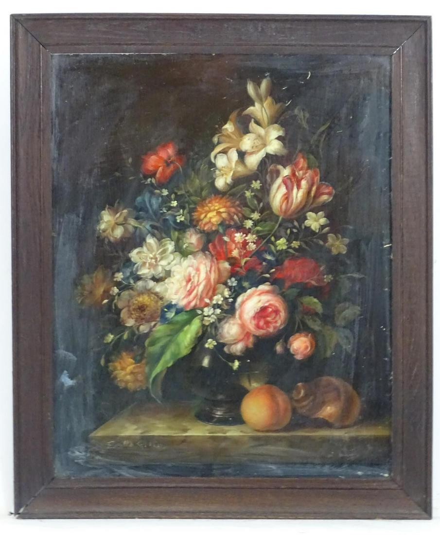 Emilio Greco, XX, Continental School, Oil on panel, A: Emilio Greco, XX, Continental School, Oil on panel, A still life study of lilies, peonies, and other flowers with a peach and shell on a marble ledge. Signed lower left. Approx. 19 3/4" x 15 3/4"