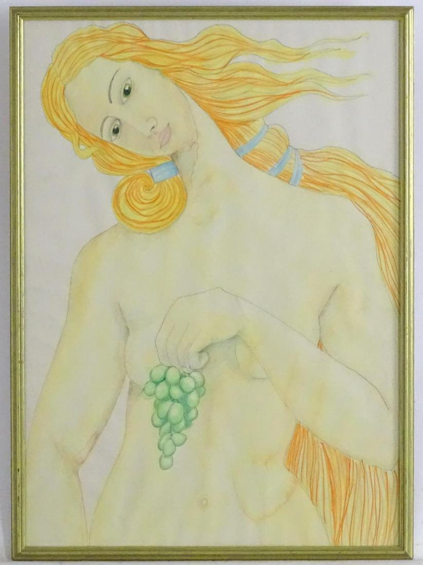 Continental School, XX-XXI, Mixed Media, A female nude: Continental School, XX-XXI, Mixed Media, A female nude with grapes. Approx. 22 1/2" x 16"