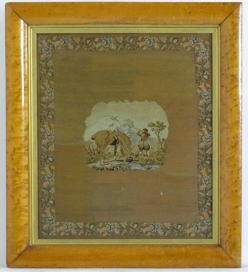 A 19thC needlework / embroidery depicting a landscape: A 19thC needlework / embroidery depicting a landscape shooting scene with a man shooting pheasants accompanied by a horse and dog with a floral and foliate border. In a birdseye maple frame. Approx. 1