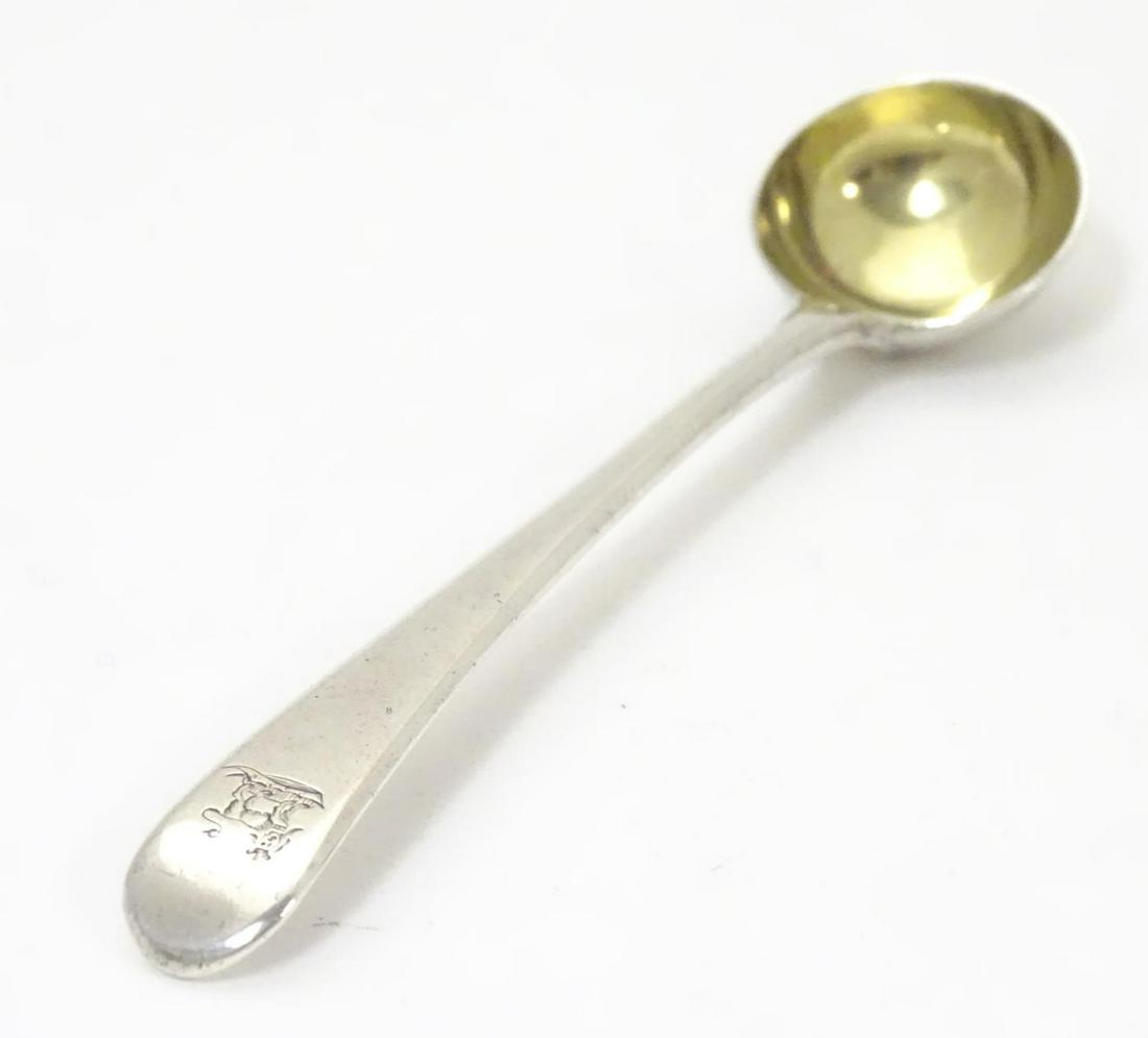 A Geo III old English pattern silver salt spoon with: A Geo III old English pattern silver salt spoon with gilded bowl, hallmarked London 1798 maker William Ely & William Fearn. 4" long