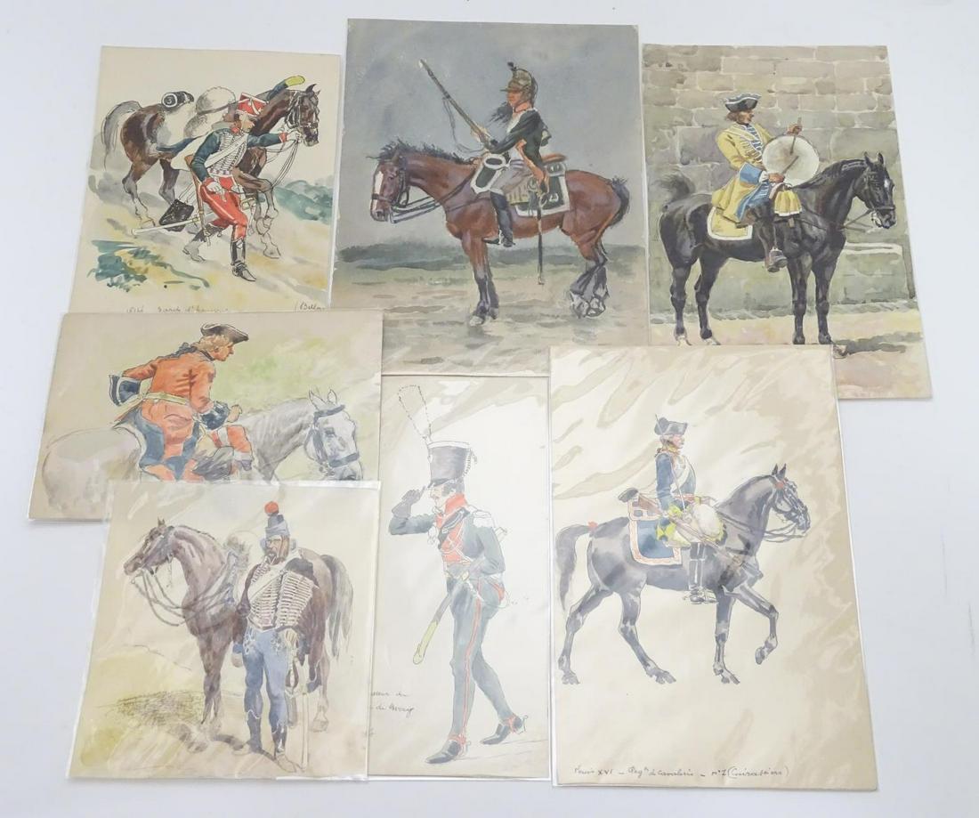 Militaria : Leon Dux (1830-1940)a collection of seven: Militaria : Leon Dux (1830-1940)a collection of seven watercolours depicting 19thC French cavalry, with a certificate of authenticity, the largest 8 1/4" x 6 1/4"