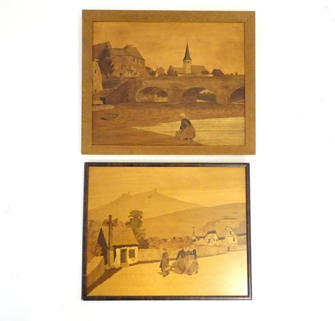 Two Arts and Crafts marquetry panels by Charles: Two Arts and Crafts marquetry panels by Charles Spindler depicting figures in a landscape. Signed lower right. Approx. 15 3/4" x 19 1/4" (2)