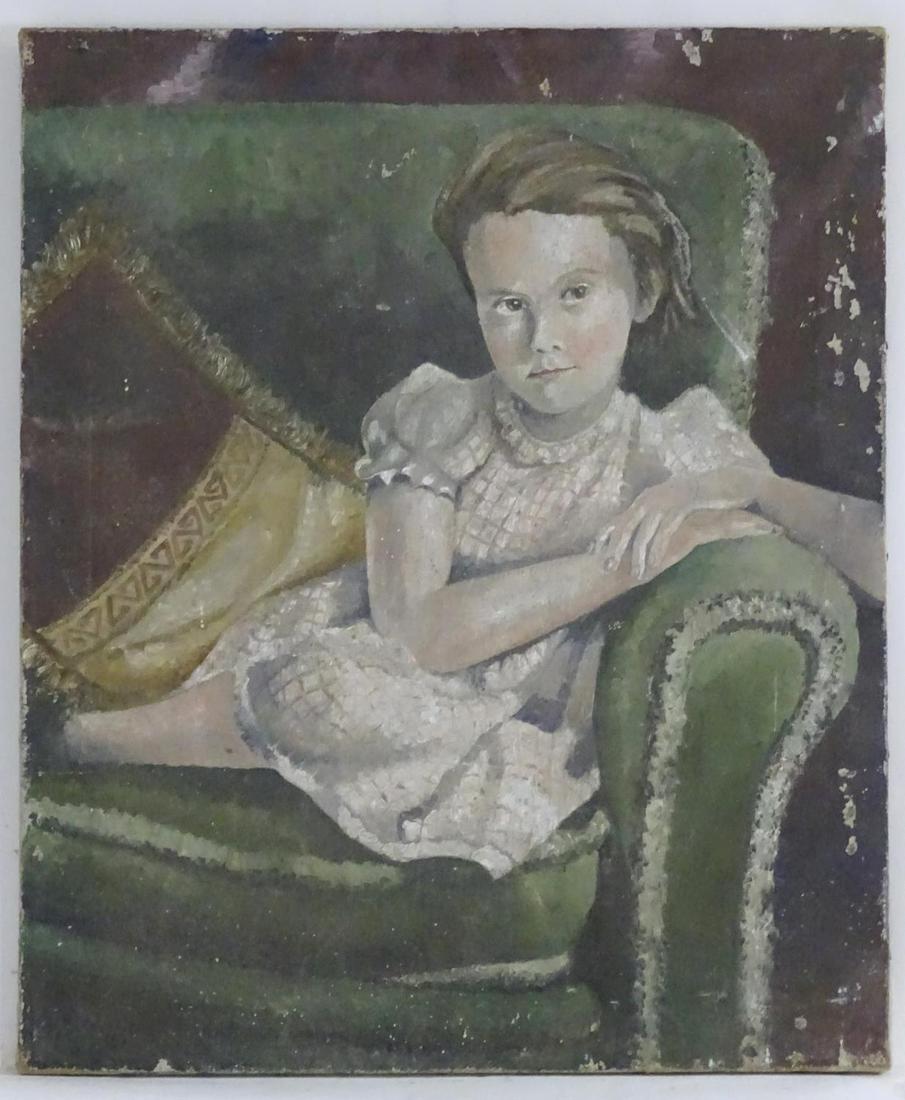 Herbert James Franklin, 20th century, Oil on canvas,: Herbert James Franklin, 20th century, Oil on canvas, Melanie, A portrait of a young girl on a sofa. Ascribed to paper label verso. Approx. 24" x 20"