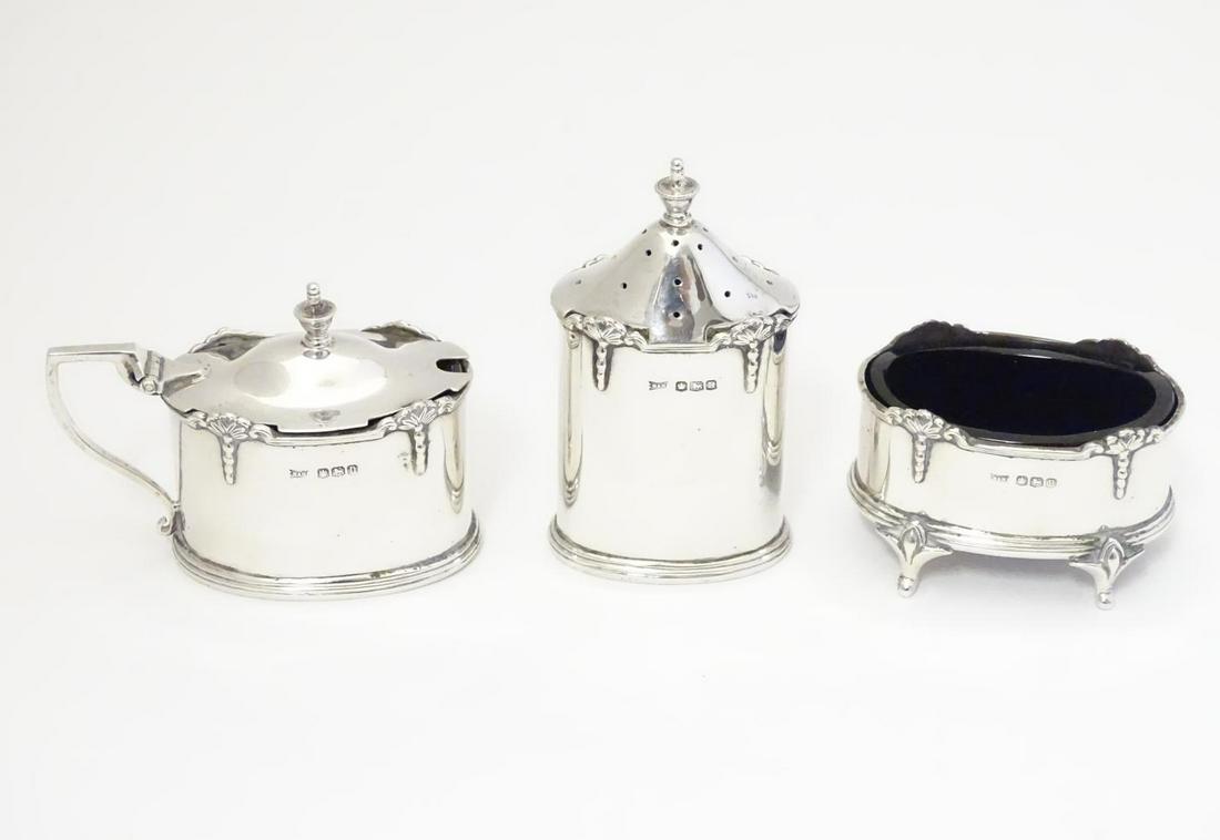 A 3 piece silver cruet with blue glass liners (1 of 6)