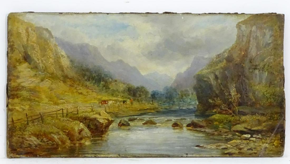 L. Vincent, 19th century, Oil on board, A Scottish: L. Vincent, 19th century, Oil on board, A Scottish mountain scene with cattle / cows and a drover by a river. Signed lower left. Approx. 9 3/4" x 19" Category Oil, Acrylic paintings & Mixed Media