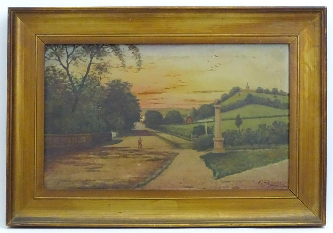 G. P. Allman, Early 20th century, Oil on canvas, A view: G. P. Allman, Early 20th century, Oil on canvas, A view of West Wycombe Hill with St Lawrence's Church. Signed, titled and dated 1910 lower right. Approx. 11 3/4" x 19 1/2" Category Oil, Acrylic paint