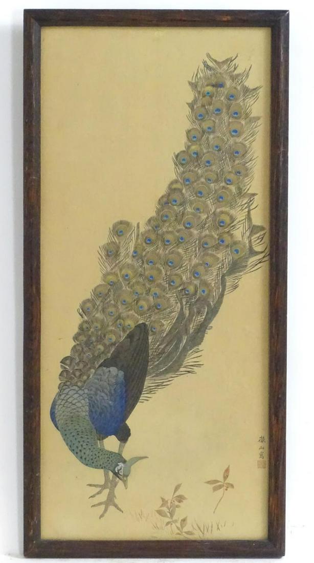 A Japanese over painted print after Mori Tetsuzan: A Japanese over painted print after Mori Tetsuzan (1775-1841) depicting a peacock. Facsimile character marks and seal lower right. Approx. 15" x 6 3/4" Category Asian Art