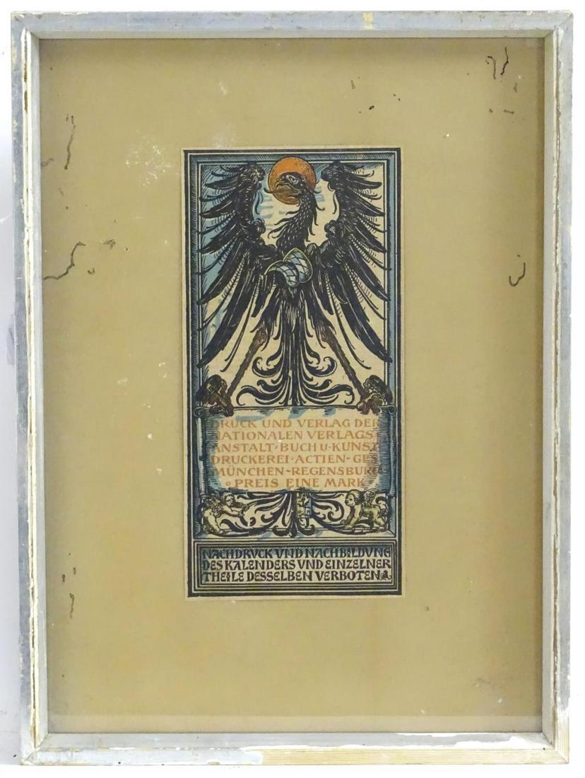 Otto Hupp, Early 20th century, German School, Hand: Otto Hupp, Early 20th century, German School, Hand coloured woodblock print, Back cover of Hupp's Munchener Kalender depicting an eagle with outstretched wings. Approx. 11 3/4" x 5 1/2" Category Print