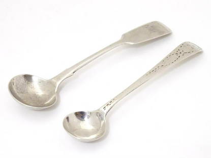 Two silver salt spoons, one fiddle pattern hallmarked: Two silver salt spoons, one fiddle pattern hallmarked Exeter 1858 maker JS, the other Old English pattern London c.1780 maker Hester Bateman. Largest approx 4" long (2)