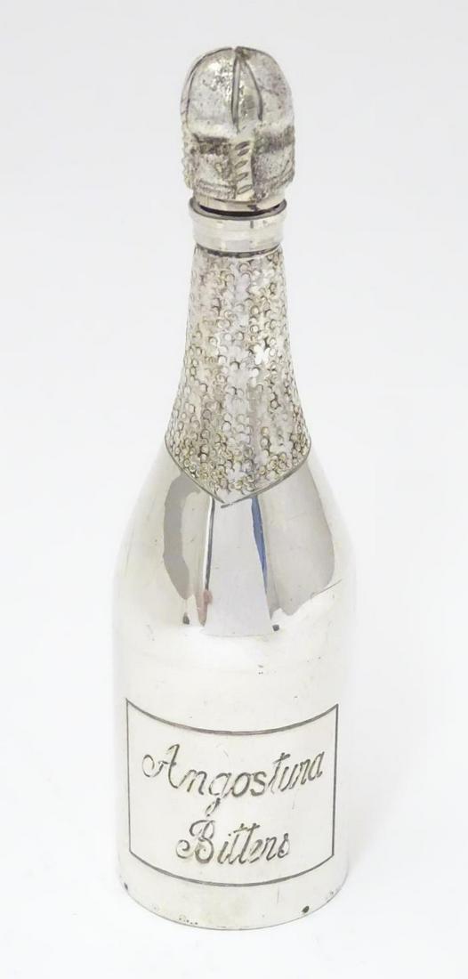 A silver plate flask formed as a bottle titled (1 of 4)