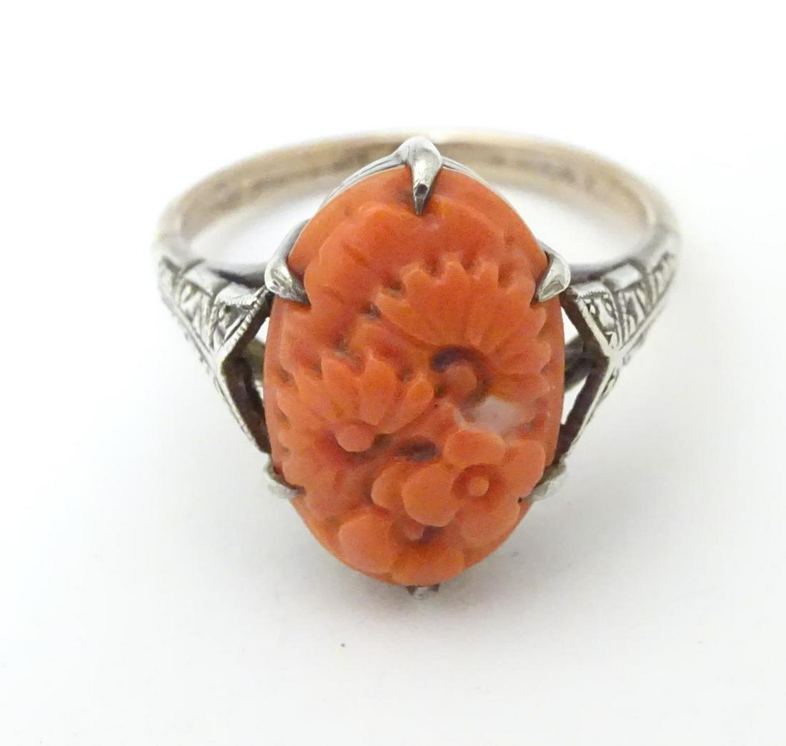 A 9ct gold and silver ring set with coral cabochon with (1 of 4)