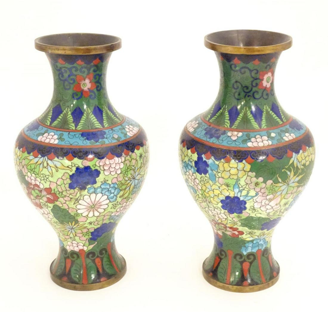 A pair of Oriental cloisonne vases with scrolling (1 of 4)
