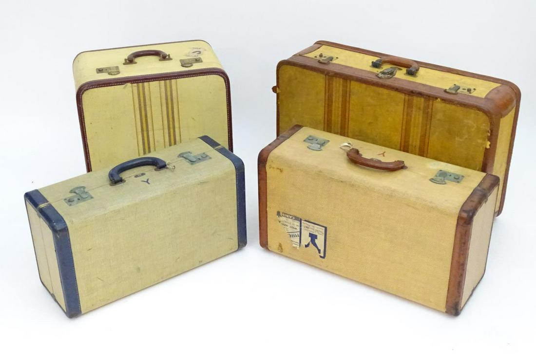 Four 20thC suitcases, comprising 2 shoe cases by Victor: Four 20thC suitcases, comprising 2 shoe cases by Victor Luggage, 1 vanity case, and 1 suitcase by Harwen Trunk of Hong Kong, the largest 28 1/2" wide (4)