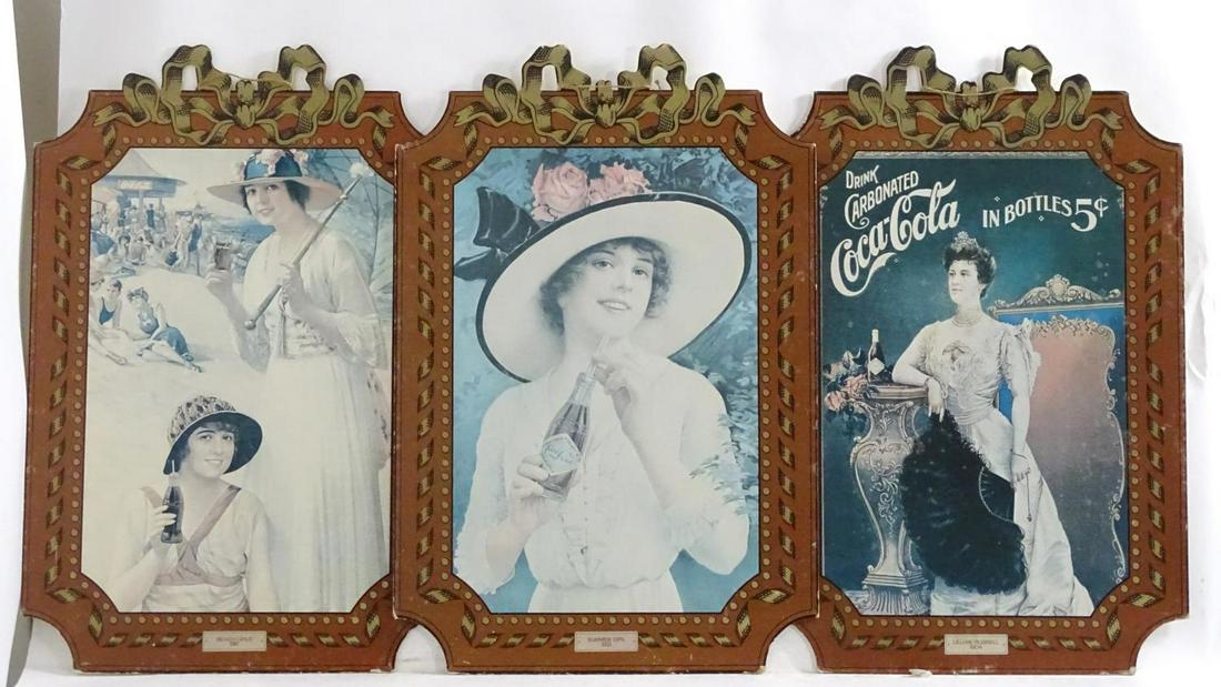 A trio of late 20thC Coca Cola / Coke advertising: A trio of late 20thC Coca Cola / Coke advertising boards, illustrations from earlier advertisements, comprising Summer Girl 1921 , Beach Girls 1918 and Lillian Russell 1904, each 27 3/4" tall (3)