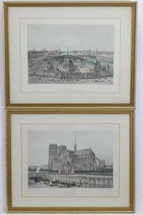 Two 19th century Paris engravings, comprising Paris en: Two 19th century Paris engravings, comprising Paris en 1650, Le Palais de Justice et la Seine d'apres Boisseau, Israel Silvestre, by J. Arnout after Felix Benoist, and Notre-Dame. Facade laterale du m