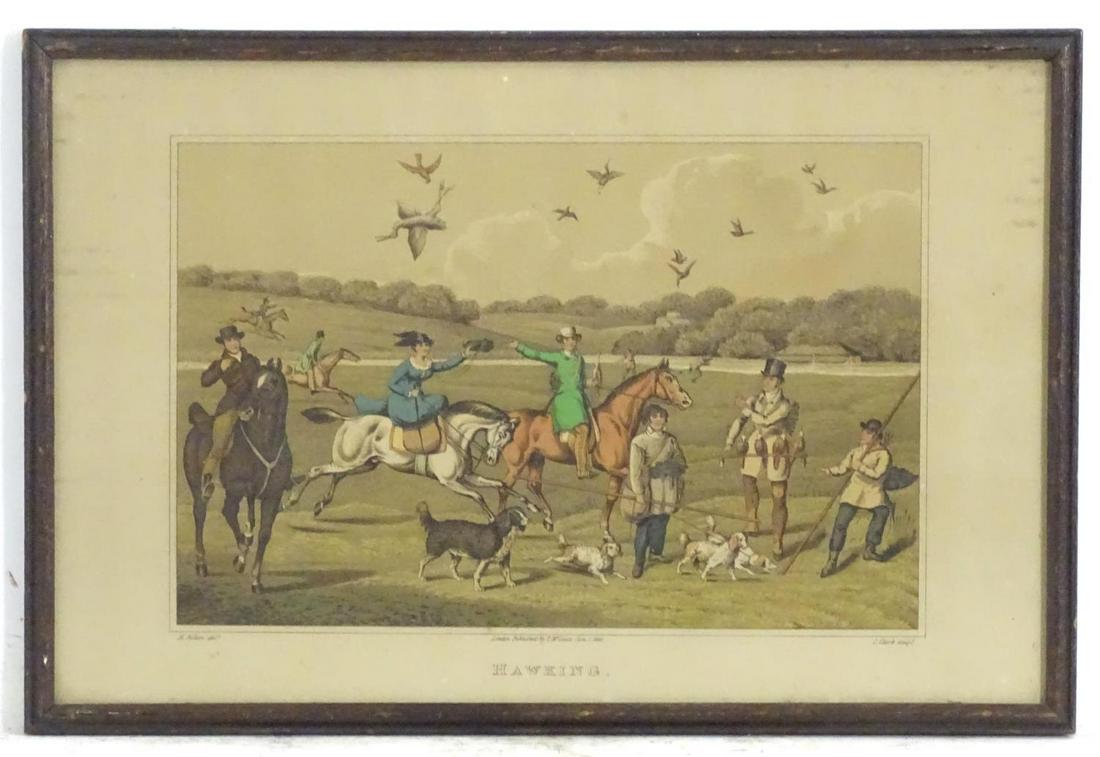 I. Clark, after Henry Thomas Alken (1785-1851) , 19th: I. Clark, after Henry Thomas Alken (1785-1851) , 19th century, Hand coloured engraving, Hawking, Figures and figures on horseback in a country landscape with dogs / hounds, and game birds. Titled unde