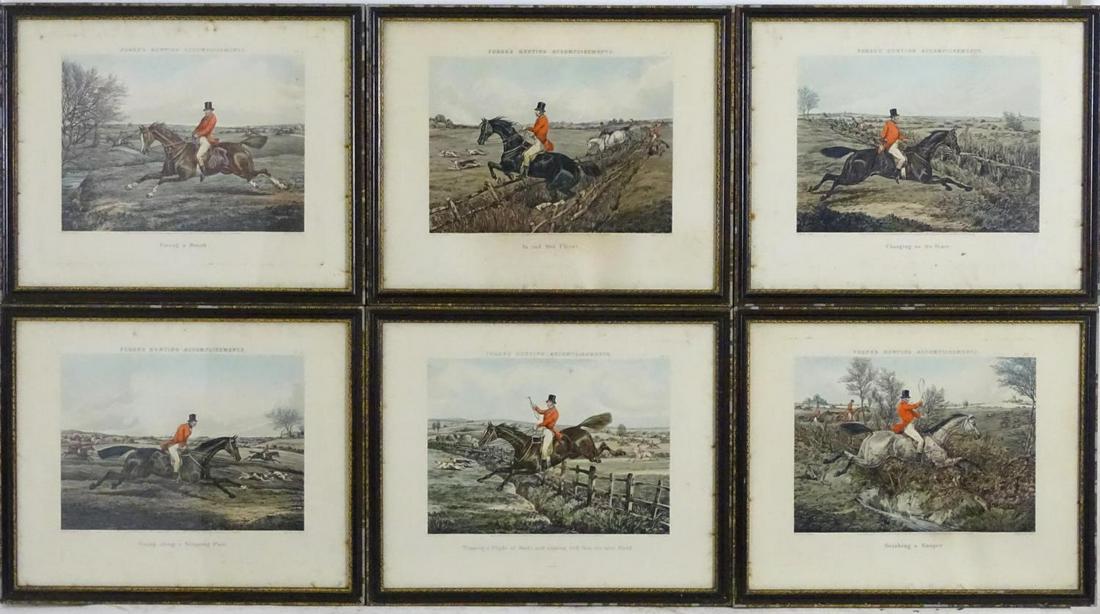 J. Harris after Henry Thomas Alken (1785-1851), Six: J. Harris after Henry Thomas Alken (1785-1851), Six colour engravings, Fore's Hunting Accomplishments, to include Going along a Slapping Pace, Topping a Flight of Rails and coming well into the next F