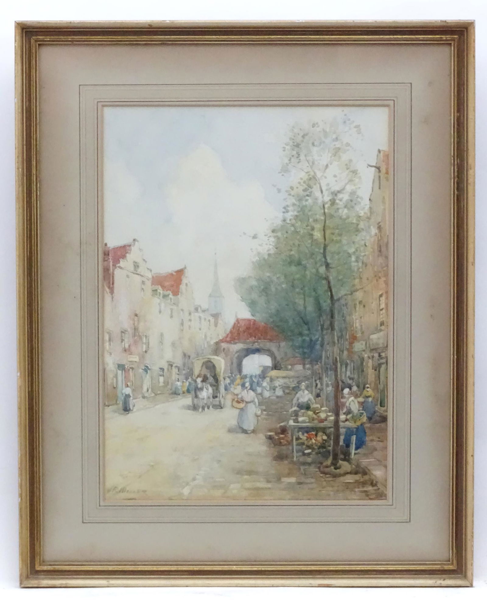 James Robertson Miller (1880-1912), Watercolour, A: James Robertson Miller (1880-1912), Watercolour, A Continental street scene with a busy market. Signed lower left. Approx. 14 1/4" x 10 1/4"