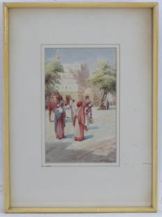 Henri Auguste Jaubert (1860-1936), French School,: Henri Auguste Jaubert (1860-1936), French School, Watercolour, An Orientalist scene with Arab figures by a mosque in Cairo, Egypt. Signed lower right and ascribed verso. Approx. 8 3/4" x 5 1/2"