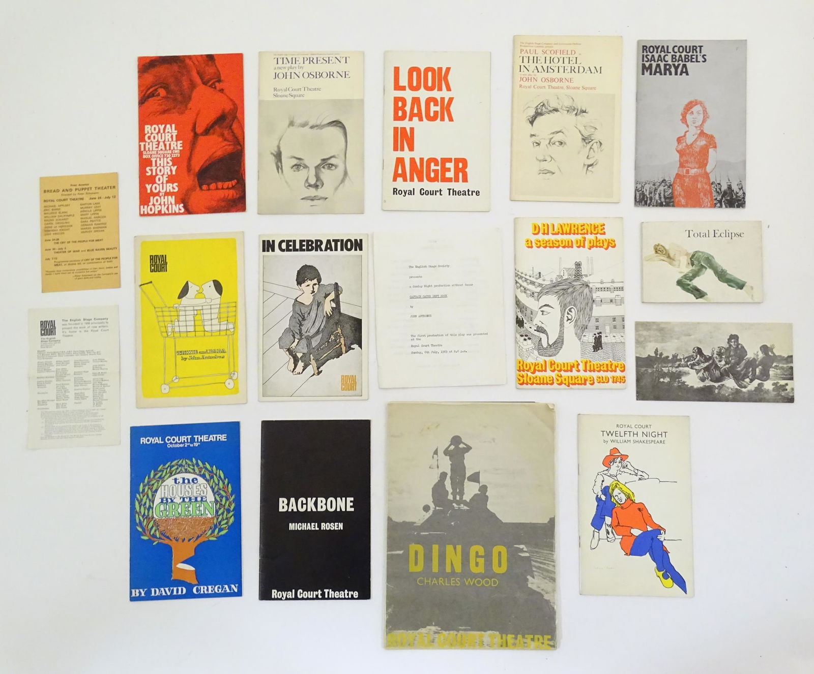 A quantity of 1960s theatre programmes by the English: A quantity of 1960s theatre programmes by the English Stage Company and others, comprising a variety of plays to include In Celebration by David Storey, Total Eclipse by Christopher Hampton, Look Back