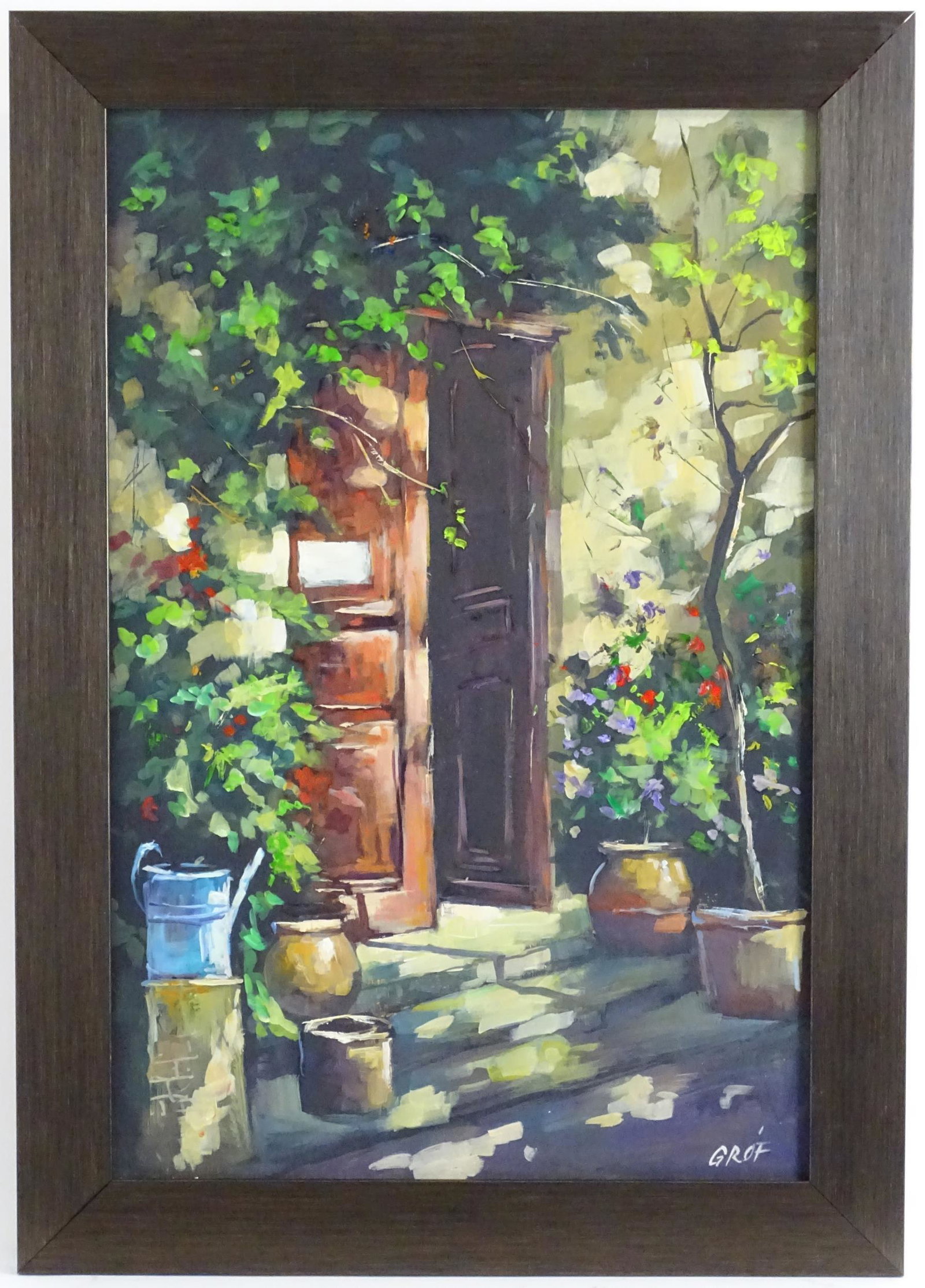 Zoltan Grof, 20th century, Hungarian School, Oil on: Zoltan Grof, 20th century, Hungarian School, Oil on canvas, Open Door, with flowers and plants on the steps. Signed lower right. Approx. 23 1/4" x 15 1/4"