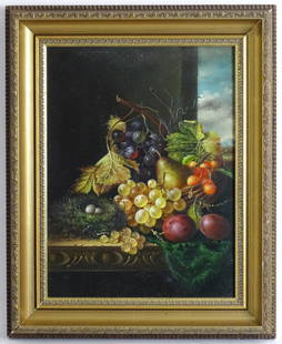 Manner of Edward Ladell, 20th century, Oil on panel, A: Manner of Edward Ladell, 20th century, Oil on panel, A still life study with fruit and a nest on a table. Approx. 15 1/2" x 11 1/2"