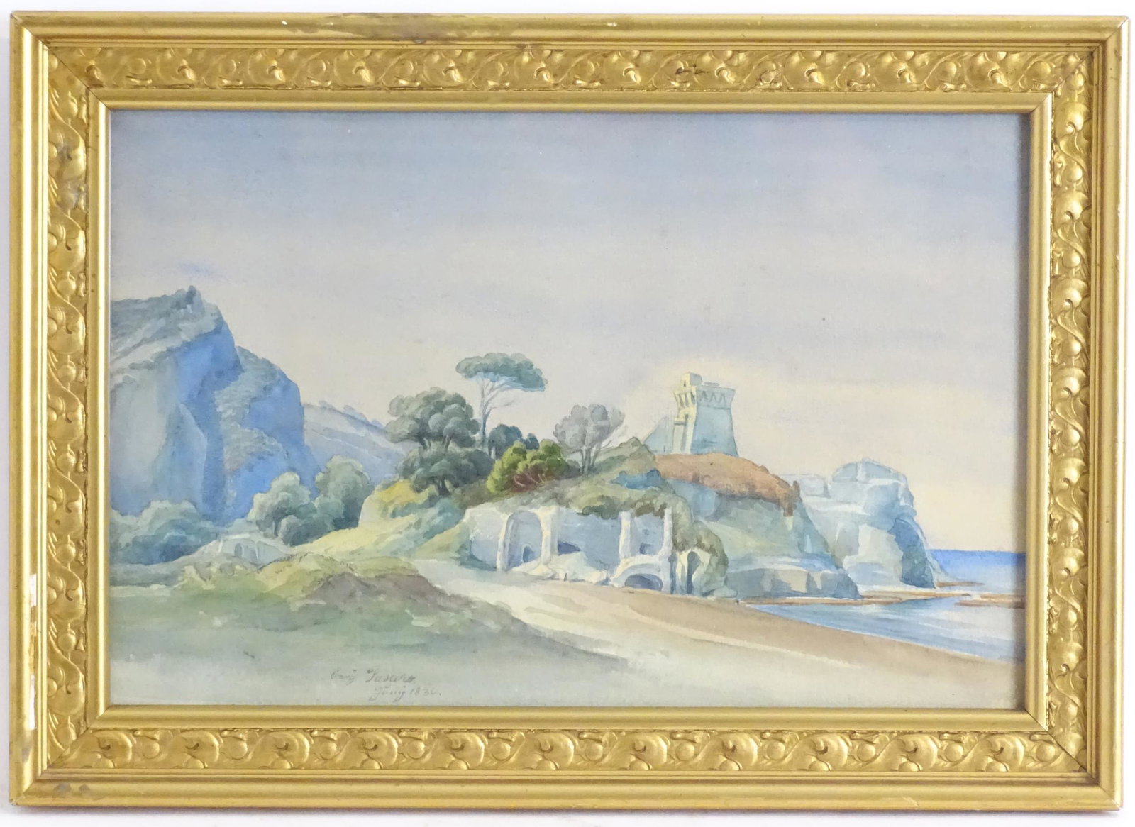 19th century, Continental School, Watercolour, A: 19th century, Continental School, Watercolour, A coastal scene with a squared tower. Indistinctly signed and dated 1836 lower. Approx. 9" x 13 3/4"