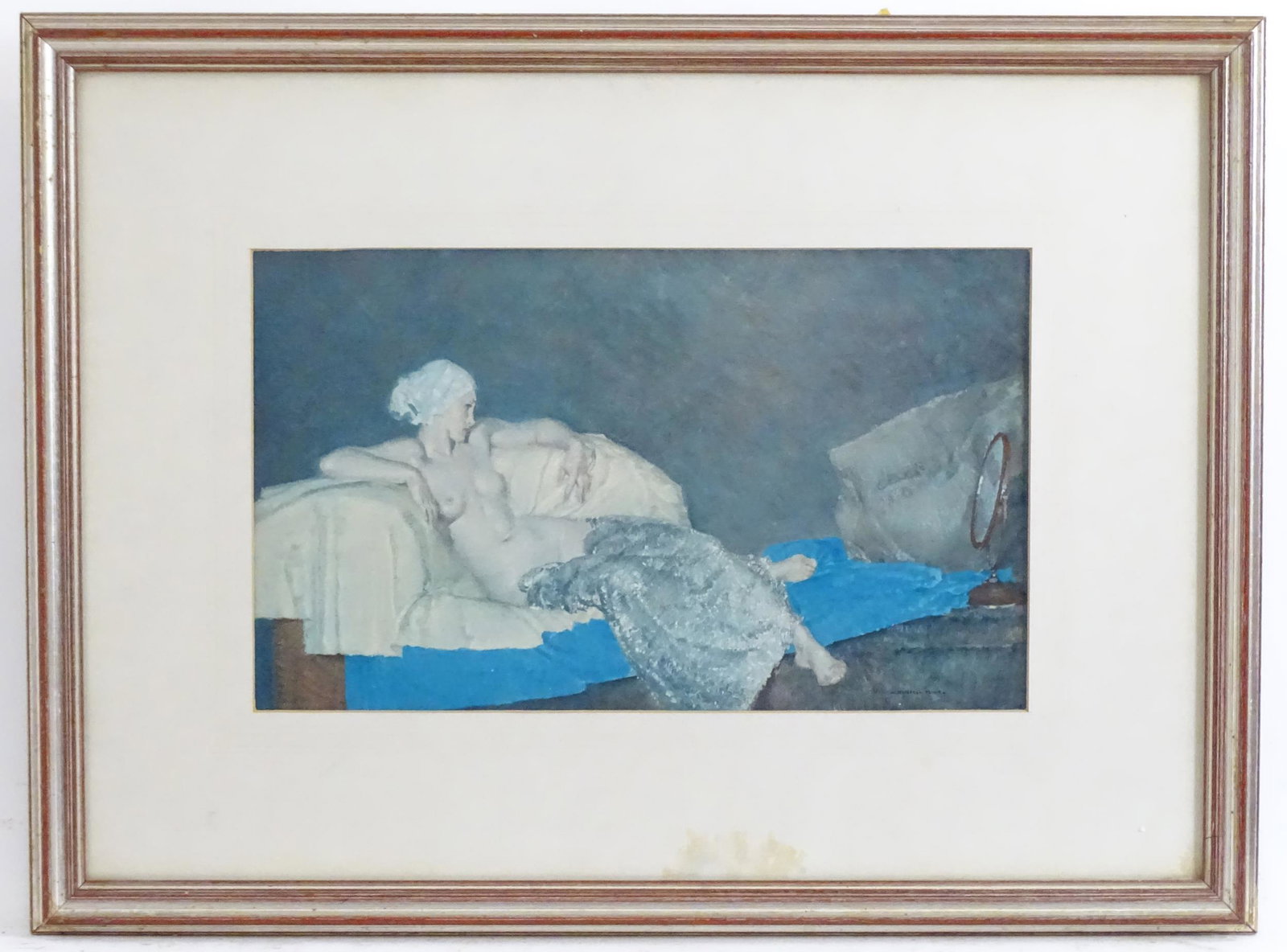 After William Russell Flint (1880-1969), Colour print,: After William Russell Flint (1880-1969), Colour print, Reclining Nude. Facsimile signature lower right. Approx. 8 3/4" x 14 1/2"