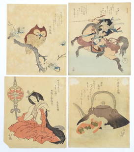 Late 19th / early 20th century, Japanese School, Four: Late 19th / early 20th century, Japanese School, Four Surimono prints, comprising Owl a Flowering Magnolia Branch after Kubo Shunman, New Year's Sake after Yashima Gakutei, Warrior on Horse after Yana