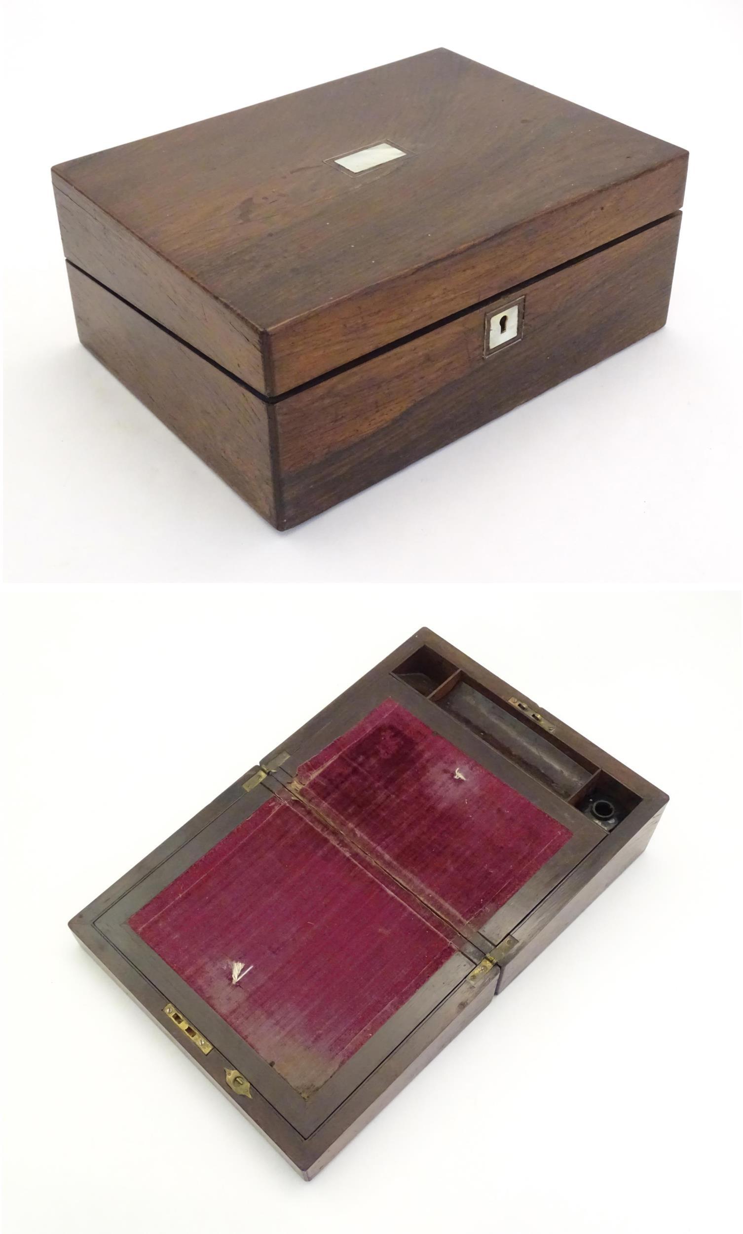A Victorian rosewood writing box with inlaid mother of (1 of 12)