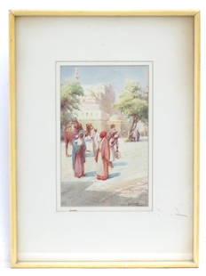 Henri Auguste Jaubert (1860-1936), French School,: Henri Auguste Jaubert (1860-1936), French School, Watercolour, A Cairo square with Arab figures and a camel by a mosque. Signed lower right and ascribed verso. Approx. 8 3/4" x 5 1/2"