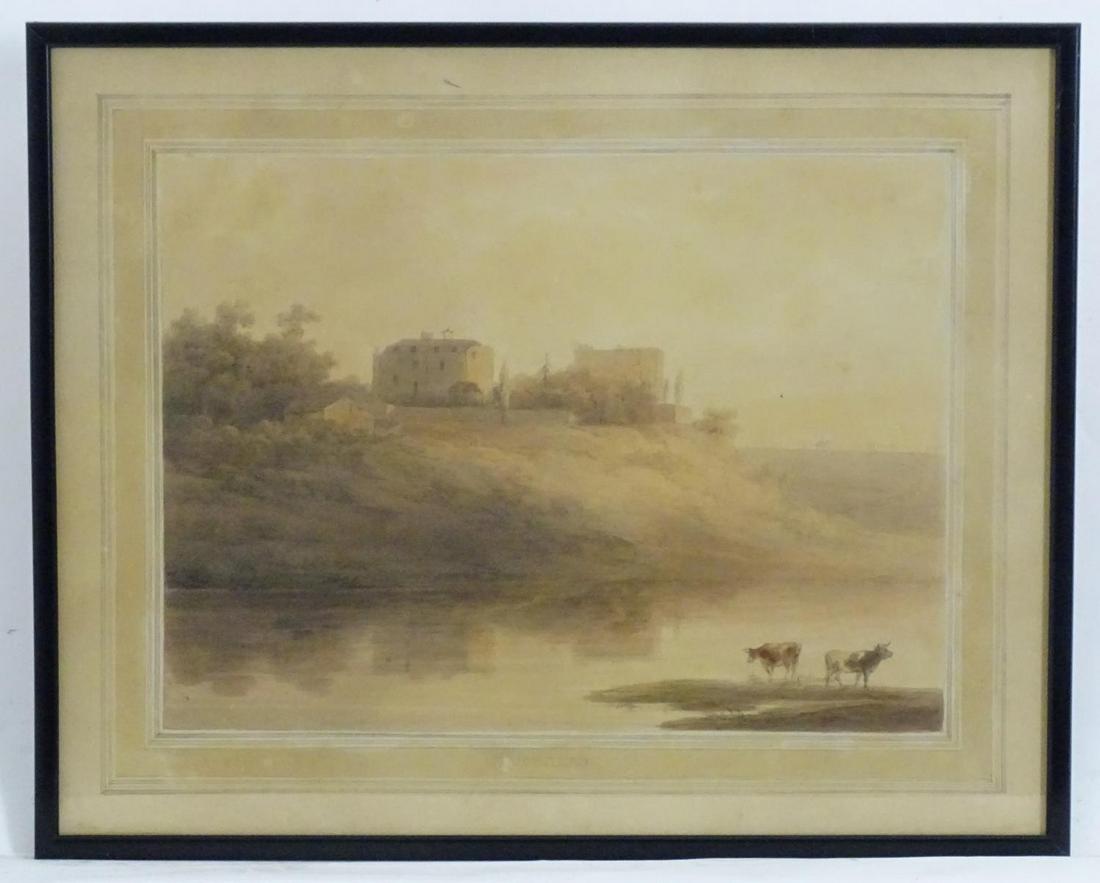 Manner of John Varley, 19th century, Sepia wash,: Manner of John Varley, 19th century, Sepia wash, Hampstead, Cows watering by the river. Titled under. Approx. 12" x 16"