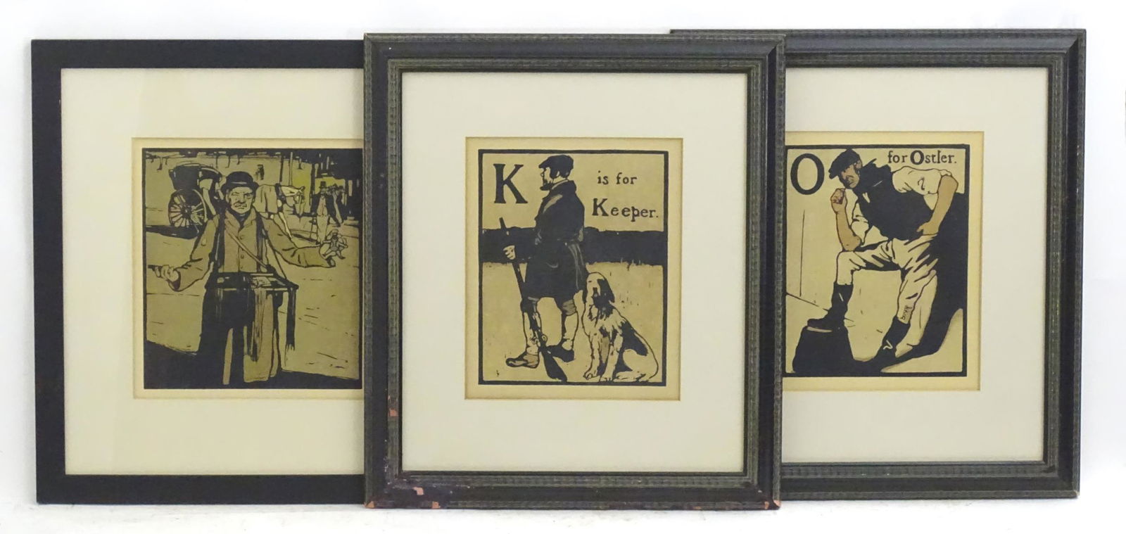 After William Nicholson, 19th century, Lithographs,: After William Nicholson, 19th century, Lithographs, Letters K for Keeper, and O for Ostler, from the series An Illustrated Alphabet. Together with After William Nicholson, Lithograph, Hawker, from thr