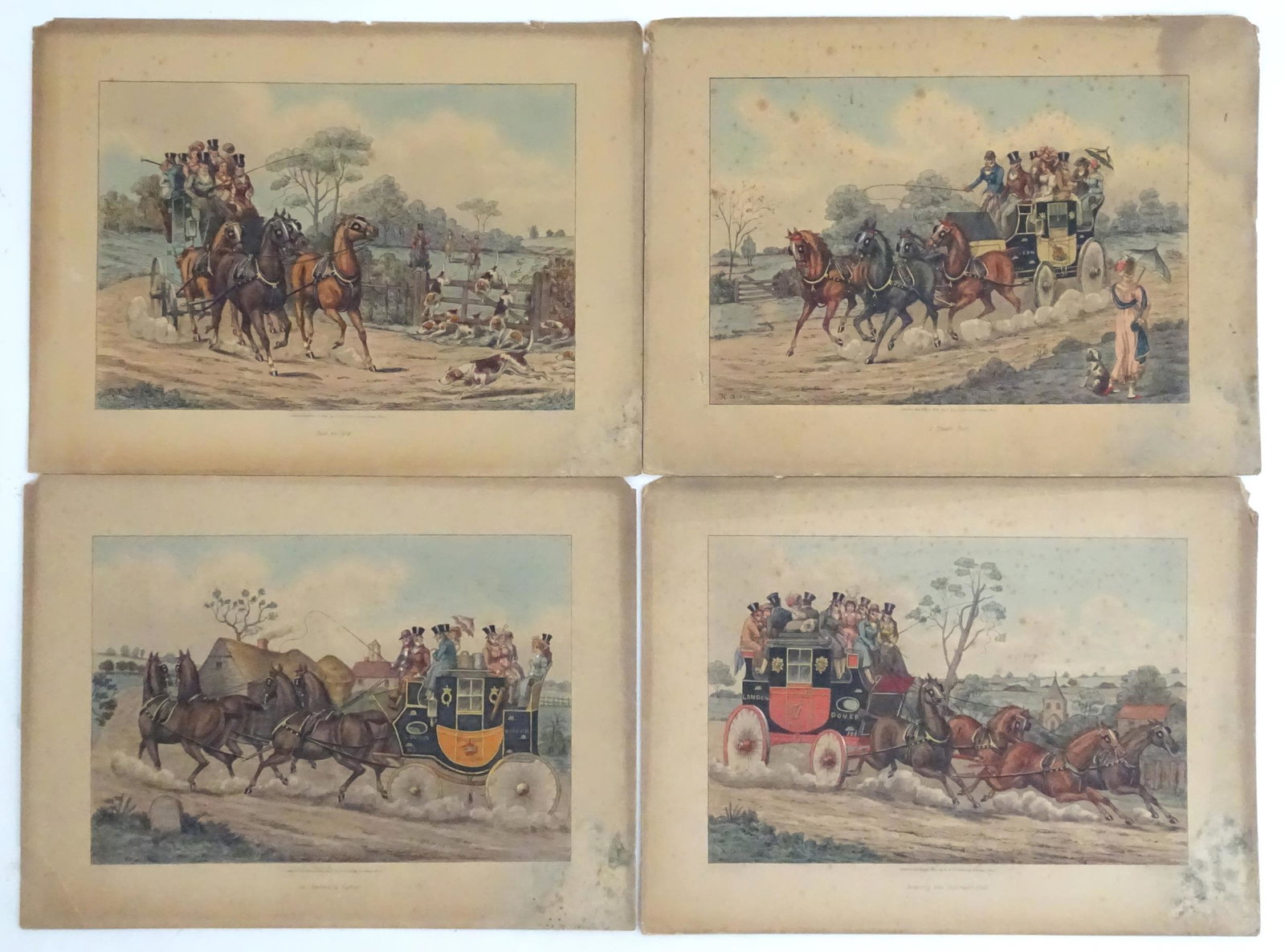 After Henry Thomas Alken (1785-1851), 19th century,: After Henry Thomas Alken (1785-1851), 19th century, Four hand coloured coaching prints, comprising A Smart Pace, Just in Time, An Awkward Corner, and Nearing the Journey's End. Titled under. Published