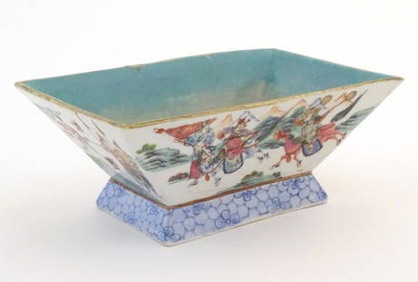 A Chinese footed dish of rectangular form decorated with imperial style figures and attendants on: A Chinese footed dish of rectangular form decorated with imperial style figures and attendants on horseback in a mountain landscape. Character marks under. Approx. 3 1/4" high x 9" wide x 5 1/2" deep