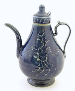 A Chinese pear shaped teapot with phoenix bird decoration to body. Approx. 8 3/4" high: A Chinese pear shaped teapot with phoenix bird decoration to body. Approx. 8 3/4" high