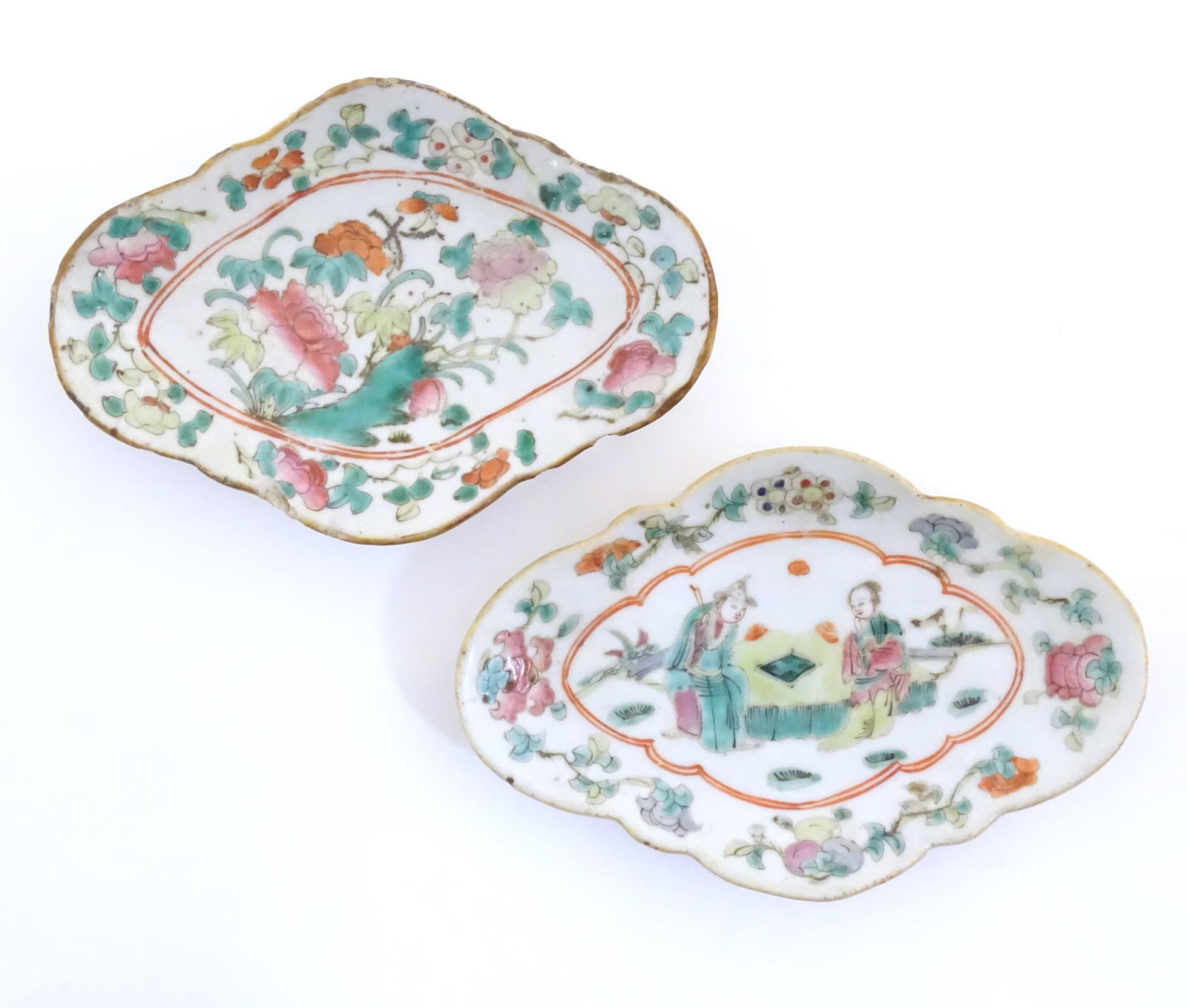 Two Chinese famille rose footed dishes of lozenge form, one decorated with two figures in a (1 of 5)