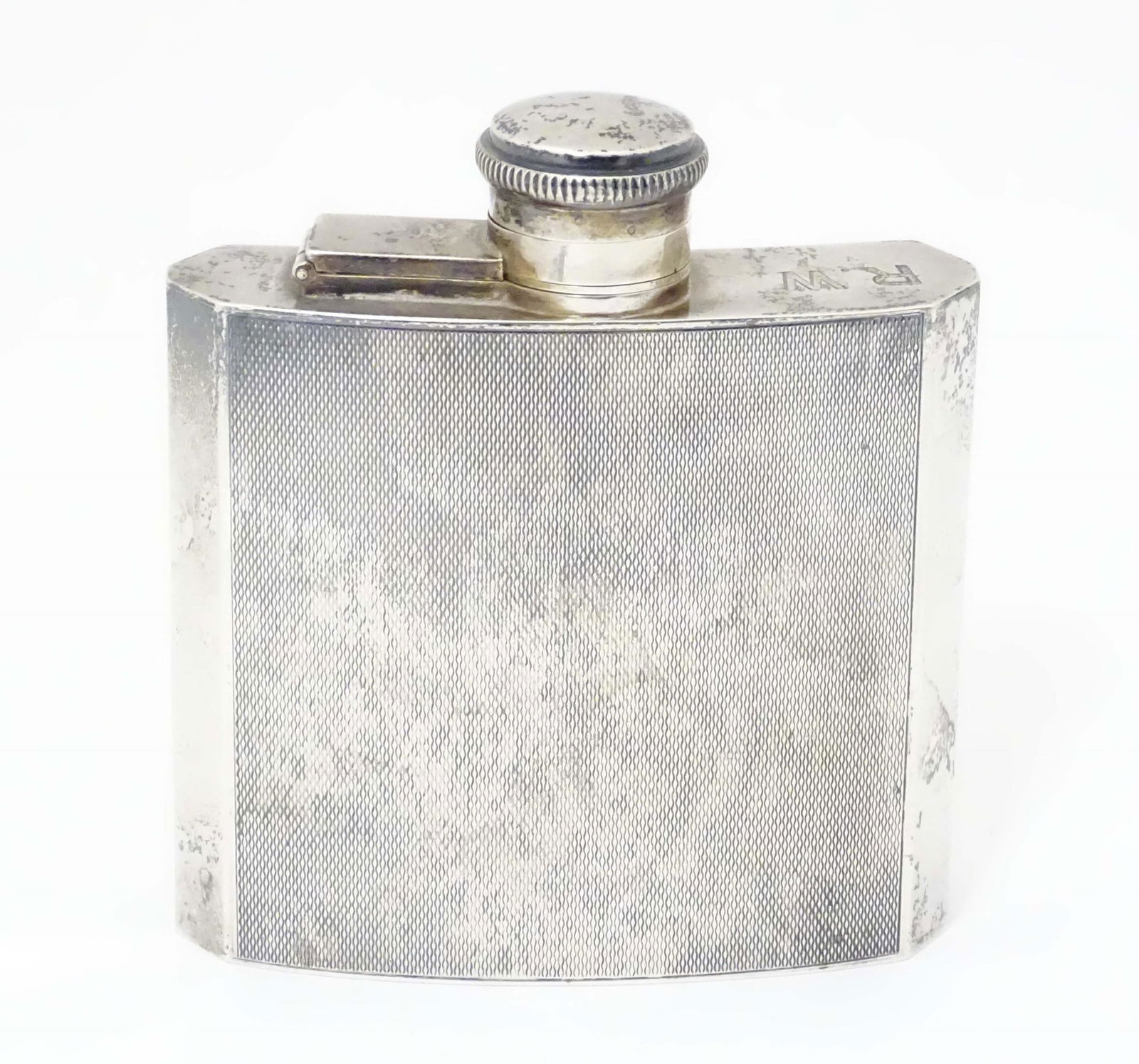 An Art Deco silver hip flask with engine turned decoration, hallmarked Birmingham 1933, maker Henry (1 of 8)