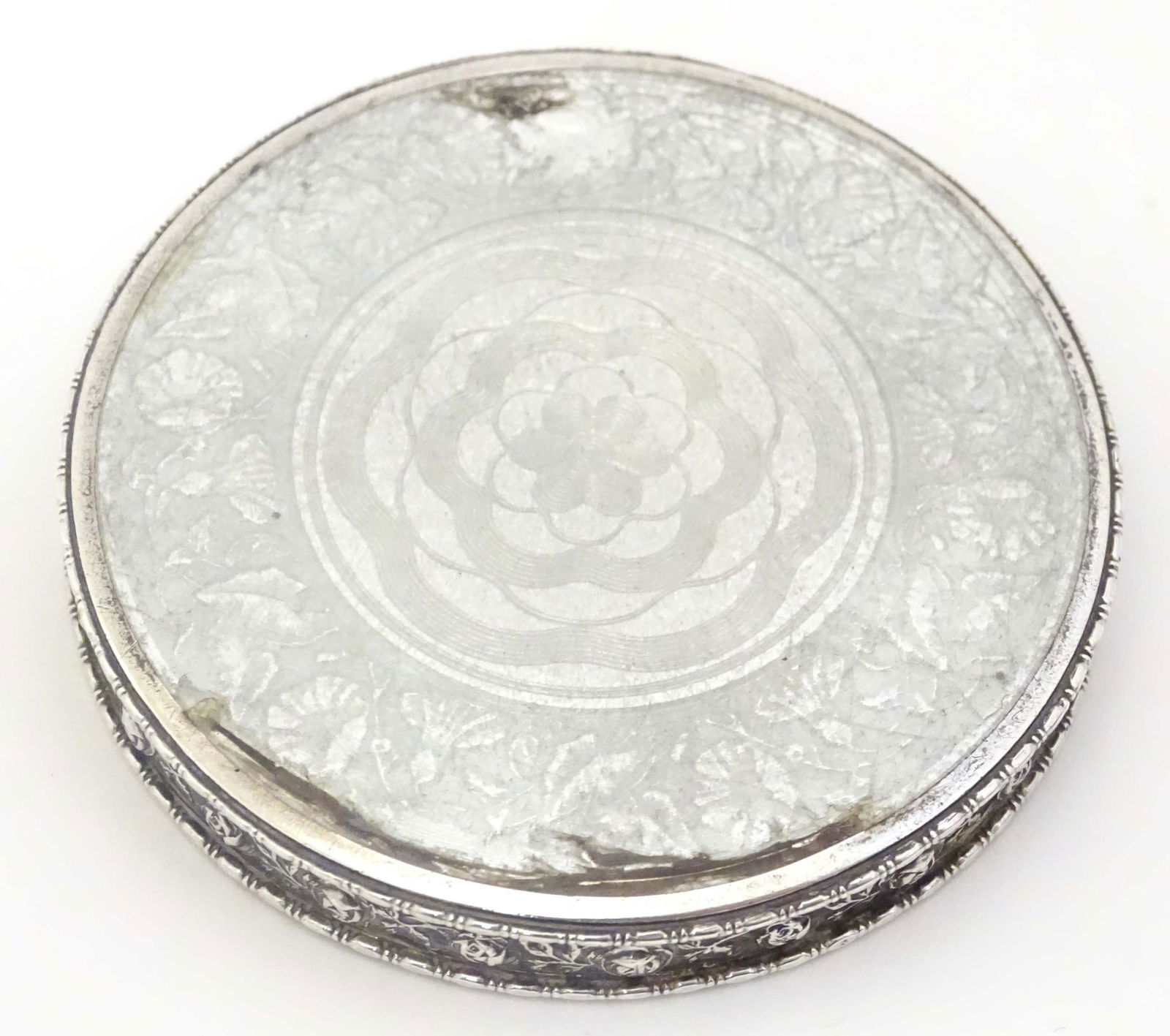 A .935 Sterling silver compact with guilloche enamel decoration to top. Marked with important mark (1 of 9)