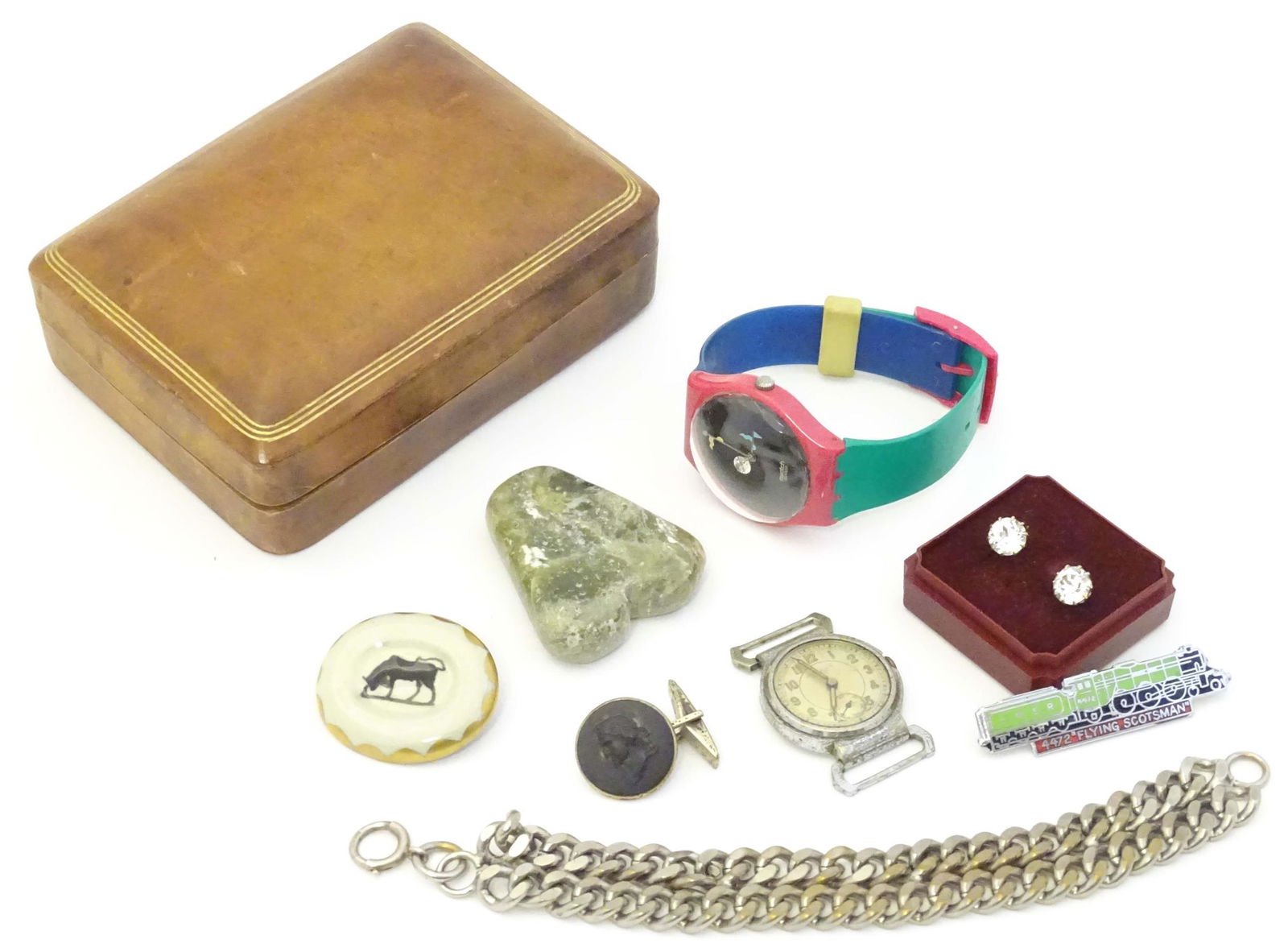 A quantity of assorted items to include a leather covered box, a Swatch wristwatch, stud earrings: A quantity of assorted items to include a leather covered box, a Swatch wristwatch, stud earrings set with white stones, wristwatch movement, the dial signed John Walker, London, etc.