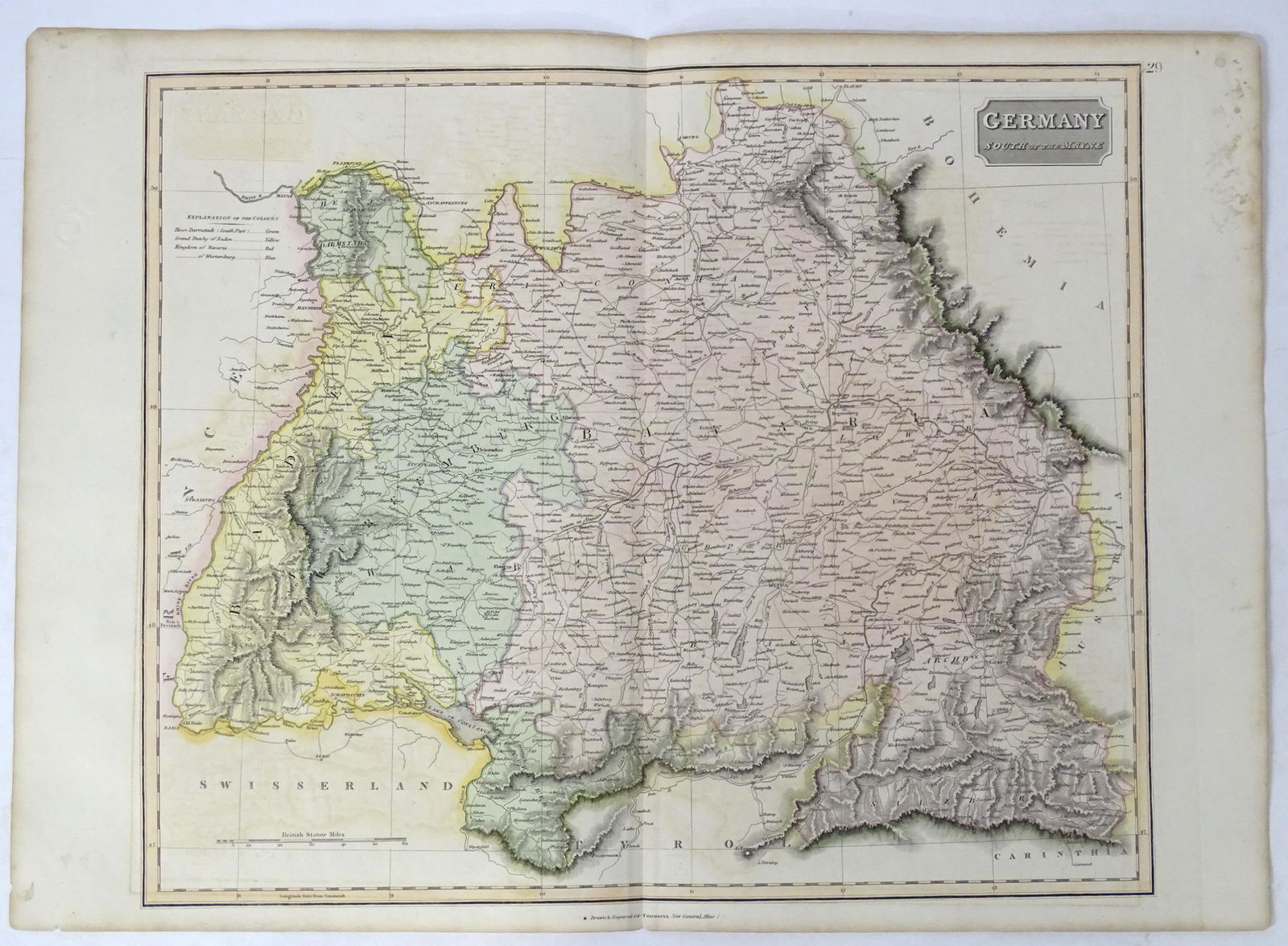 Map: A 19thC engraved map titled Germany, South of the Mayne, after John Thomson, for Thomson's New: Map: A 19thC engraved map titled Germany, South of the Mayne, after John Thomson, for Thomson's New General Atlas, 1814, with hand coloured detail. Approx. 20" x 25 1/2"