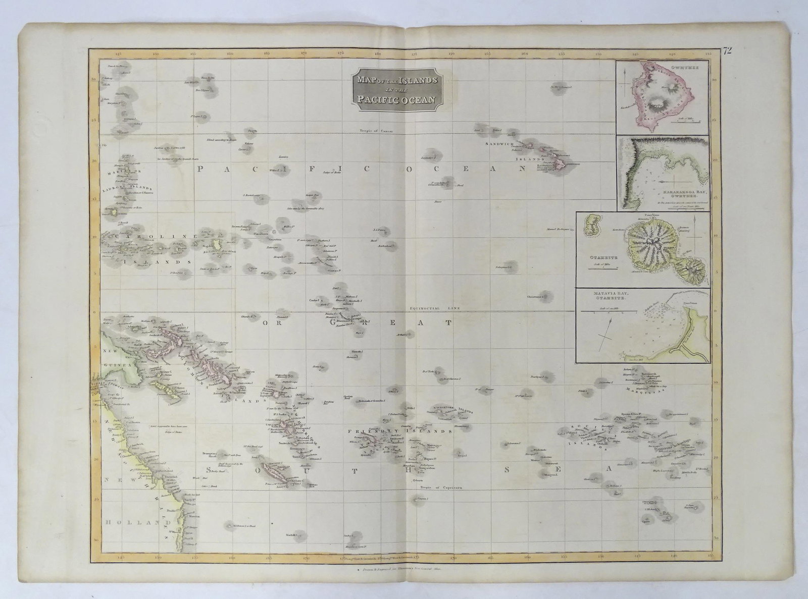 Map: A 19thC engraved map titled Map of the Islands in the Pacific Ocean, after John Thomson, for: Map: A 19thC engraved map titled Map of the Islands in the Pacific Ocean, after John Thomson, for Thomson's New General Atlas, 1814, with hand coloured detail. Approx. 20" x 25 1/2"