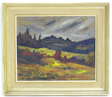 John Paschoud (1901-1998), Swiss School, Oil on board, A Continental landscape scene with mountains: John Paschoud (1901-1998), Swiss School, Oil on board, A Continental landscape scene with mountains beyond. Signed lower right. Approx. 14" x 17"