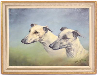 W. A. Crocker, 20th century, Oil on canvas, Two greyhound dogs. Signed and dated 1973 lower right.: W. A. Crocker, 20th century, Oil on canvas, Two greyhound dogs. Signed and dated 1973 lower right. Approx. 15 1/2" x 21 1/2"